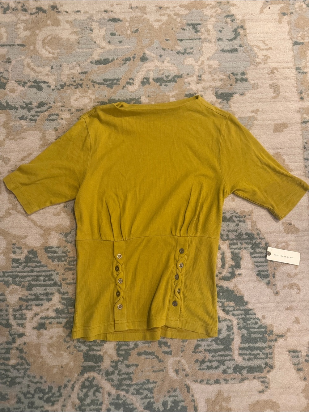 Anthropologie Pilcro Mustard-Green Short Sleeve Top with Front Button Detail